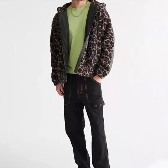 Green Leopard Cheetah Oversized Fleece Sherpa Zip Up Hooded Unisex Jacket - Picture 1 of 5